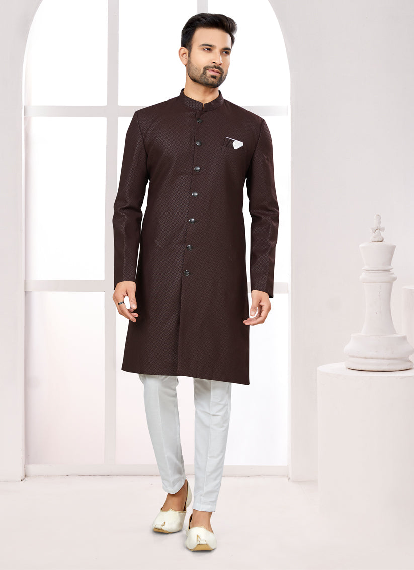 Wine Satin Jacquard Achkan Style Designer Sherwani