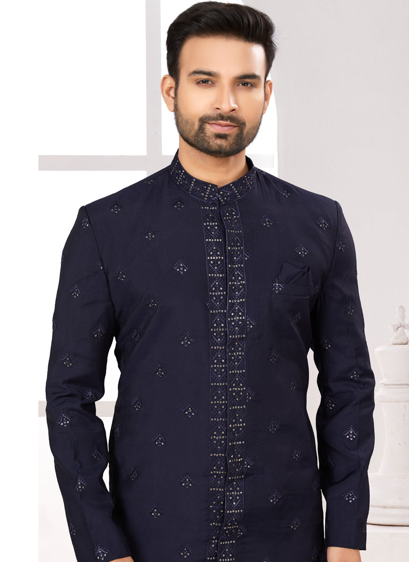 Navy Blue Silk Achkan Style Designer Sherwani