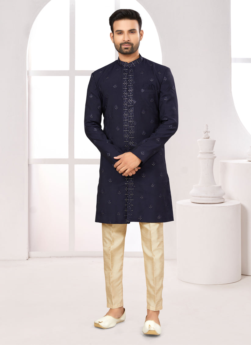 Navy Blue Silk Achkan Style Designer Sherwani