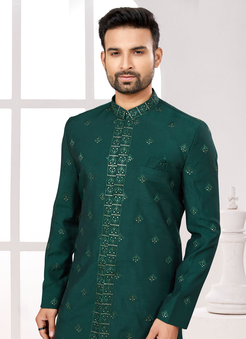 Green Silk Achkan Style Designer Sherwani