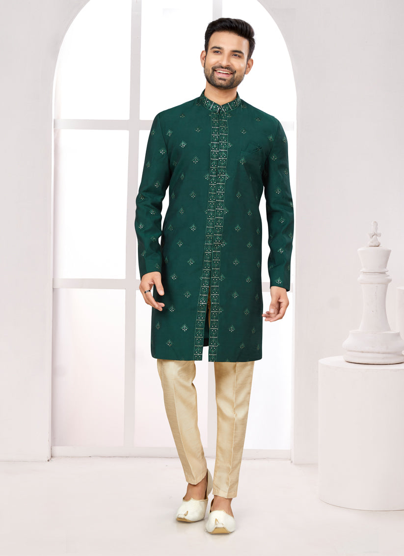 Green Silk Achkan Style Designer Sherwani