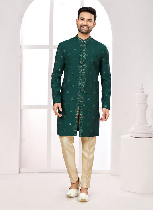 Green Silk Achkan Style Designer Sherwani