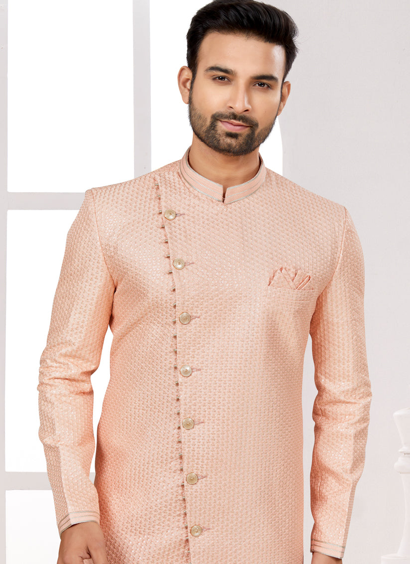 Peach Silk Achkan Style Designer Sherwani