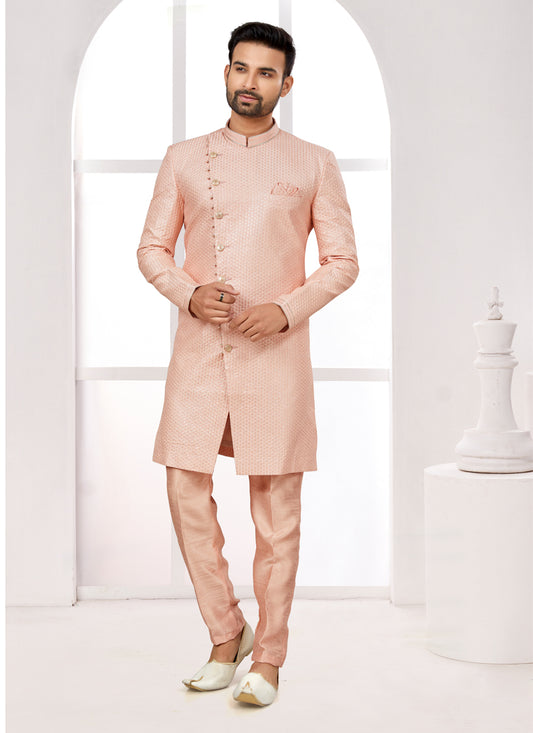 Peach Silk Achkan Style Designer Sherwani