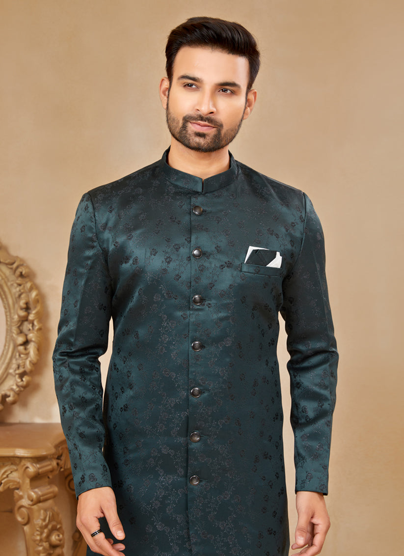 Teal Satin Jacquard Achkan Style Designer Sherwani