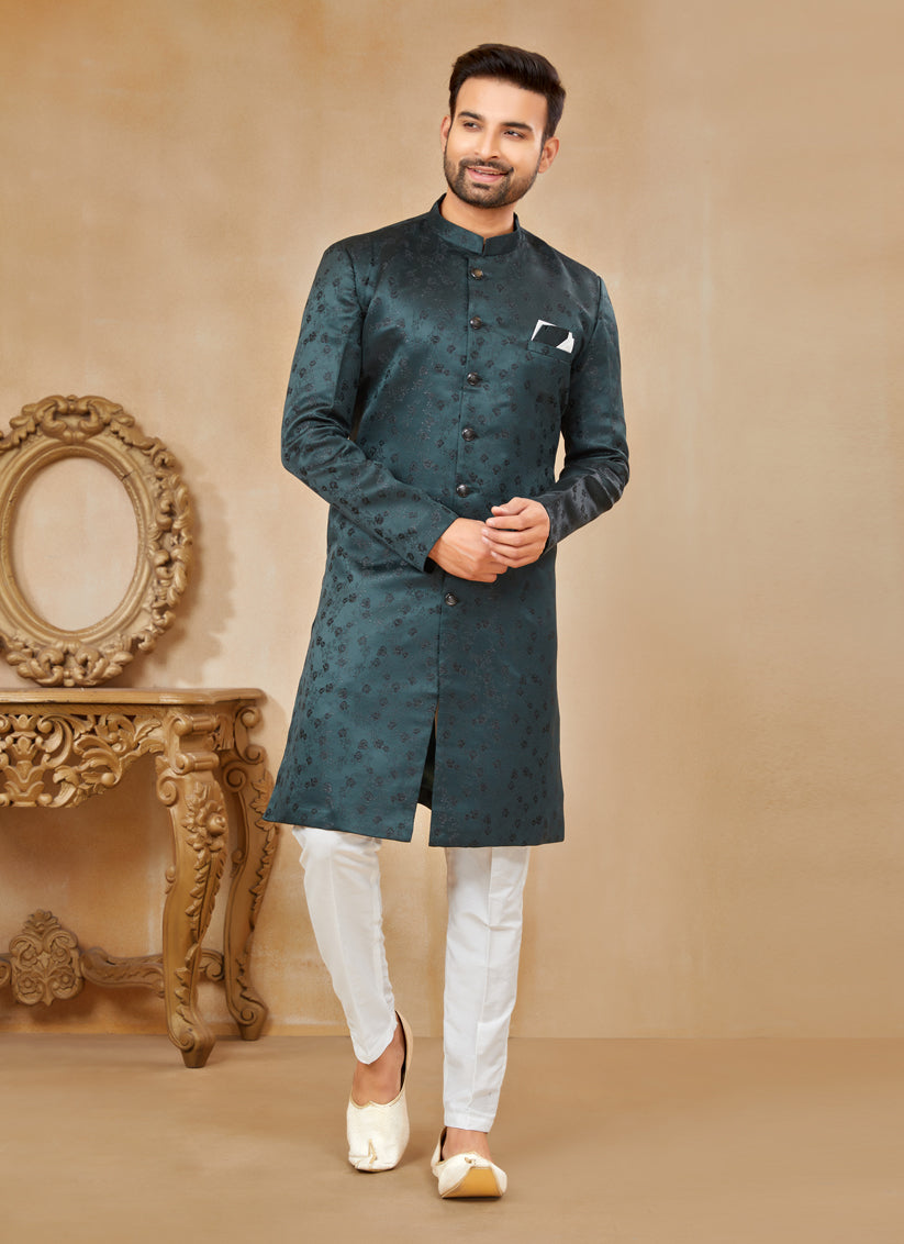 Teal Satin Jacquard Achkan Style Designer Sherwani