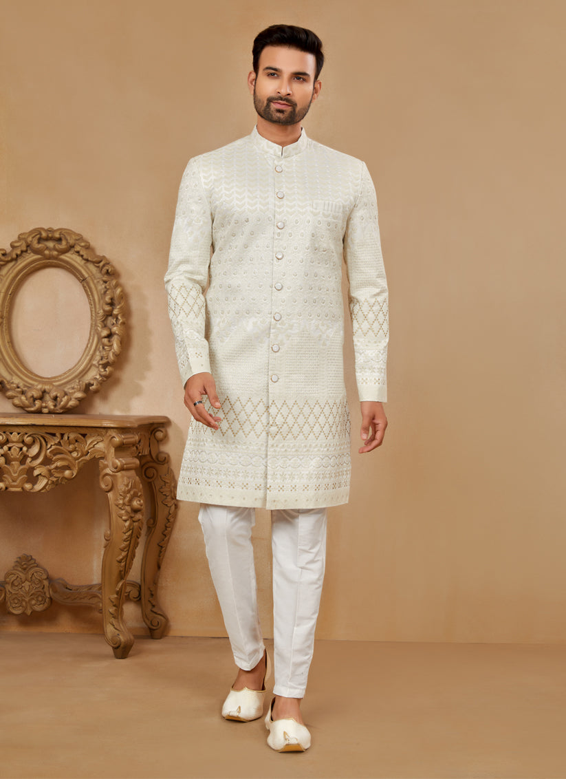 Off White Jacquard Achkan Style Designer Sherwani