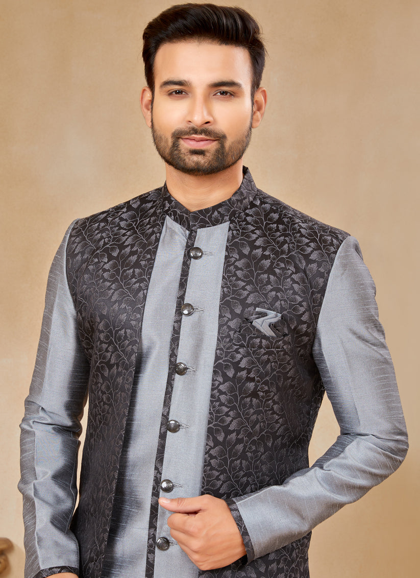 Grey Satin Jacquard Jacket Style Designer Sherwani