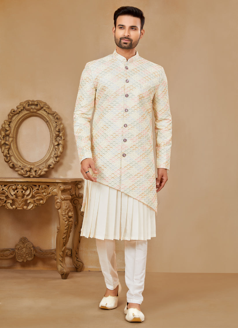 Off White Silk Anarkali Designer Sherwani