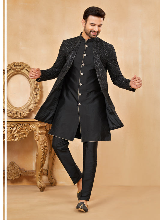 Black Silk Jacket Style Designer Sherwani
