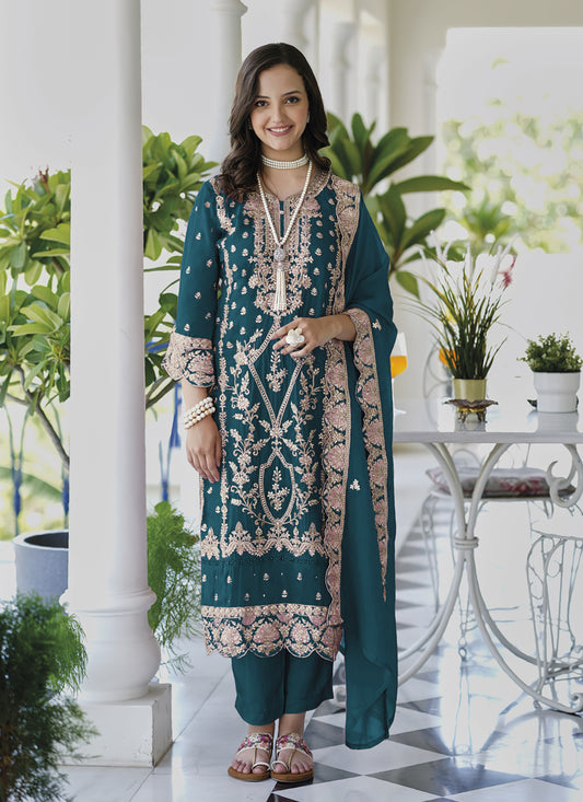 Peacock Blue Organza Embroidered Readymade Suit