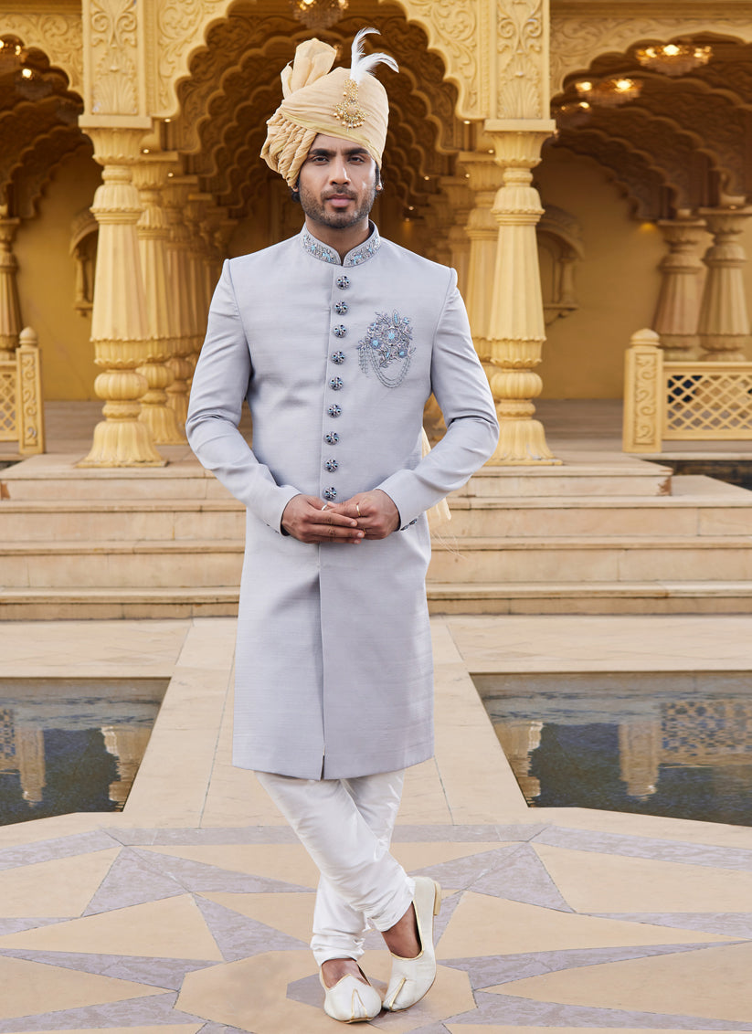 Grey Wedding Wear Sherwani