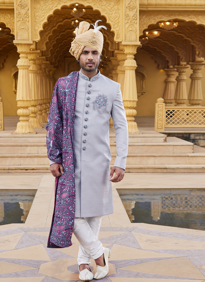 Grey Wedding Wear Sherwani