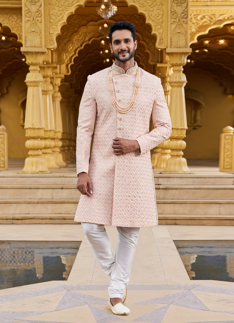 Peach Wedding Wear Sherwani