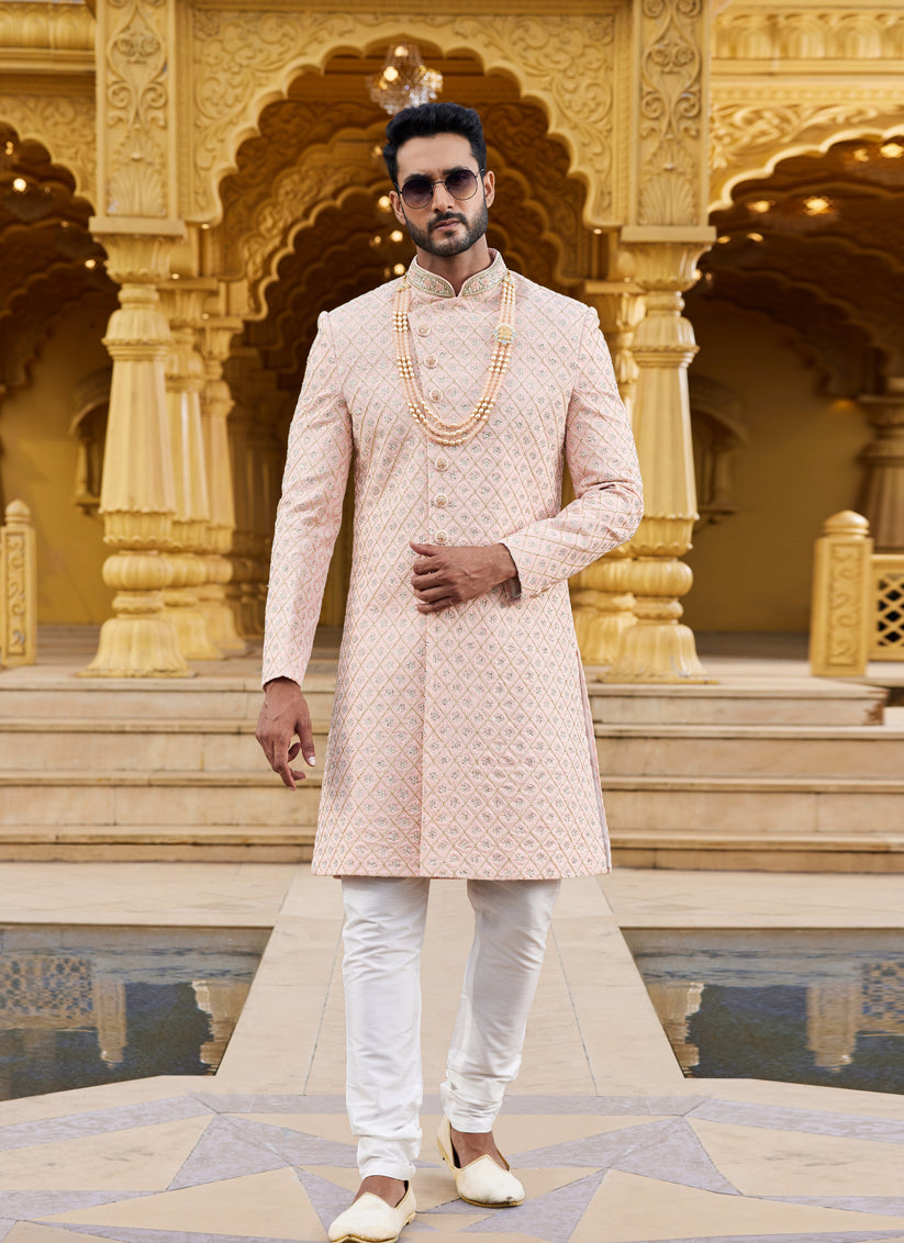 Peach Wedding Wear Sherwani