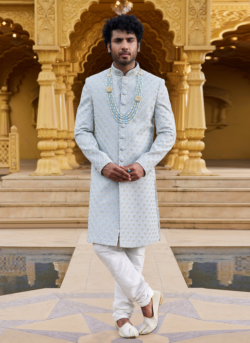 Grey Wedding Wear Sherwani