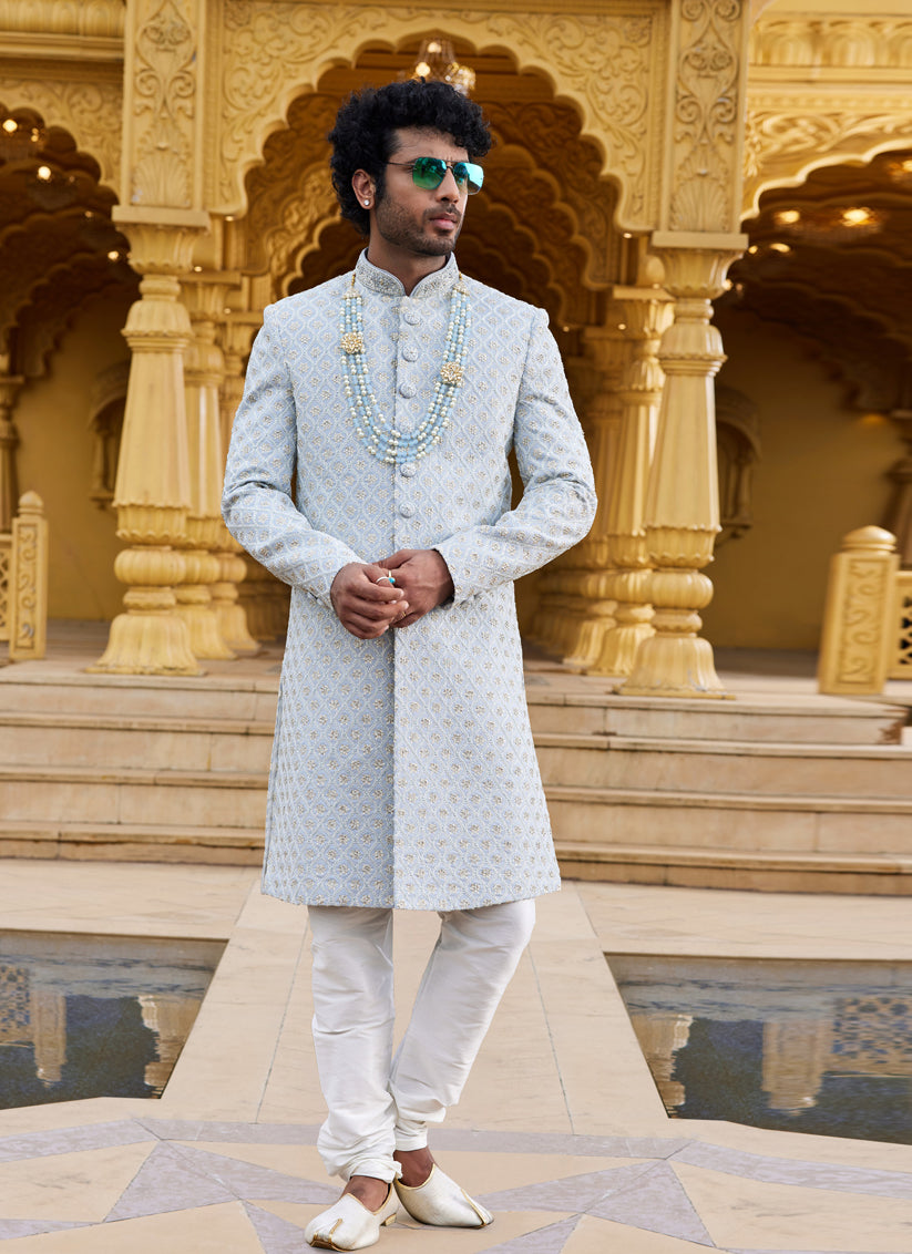 Grey Wedding Wear Sherwani