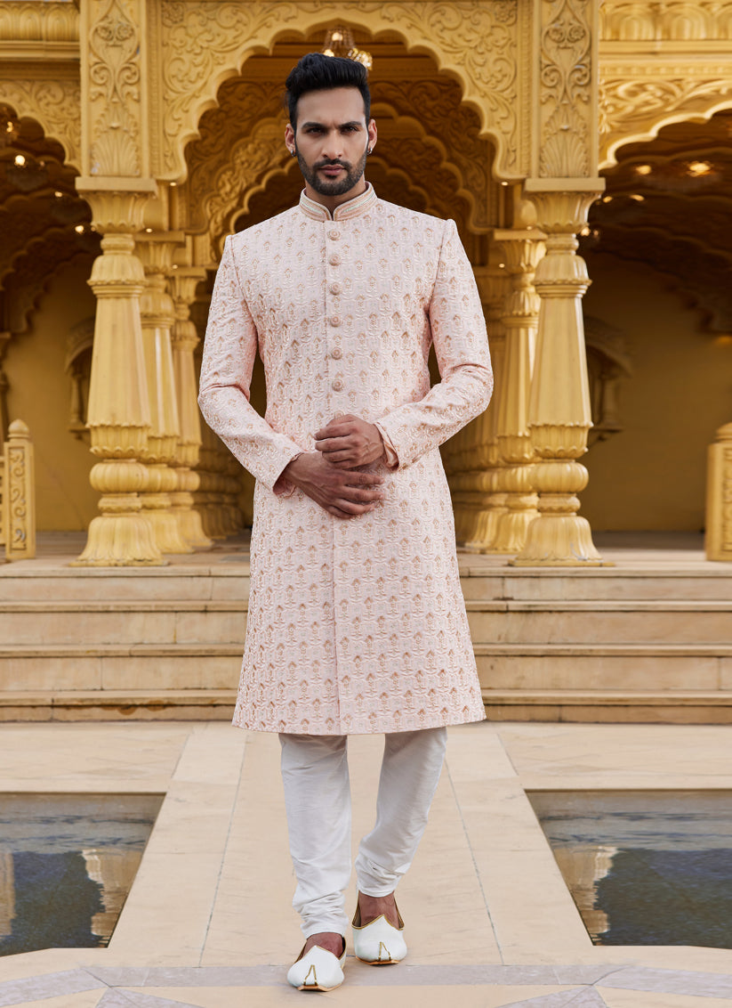 Peach Wedding Wear Sherwani