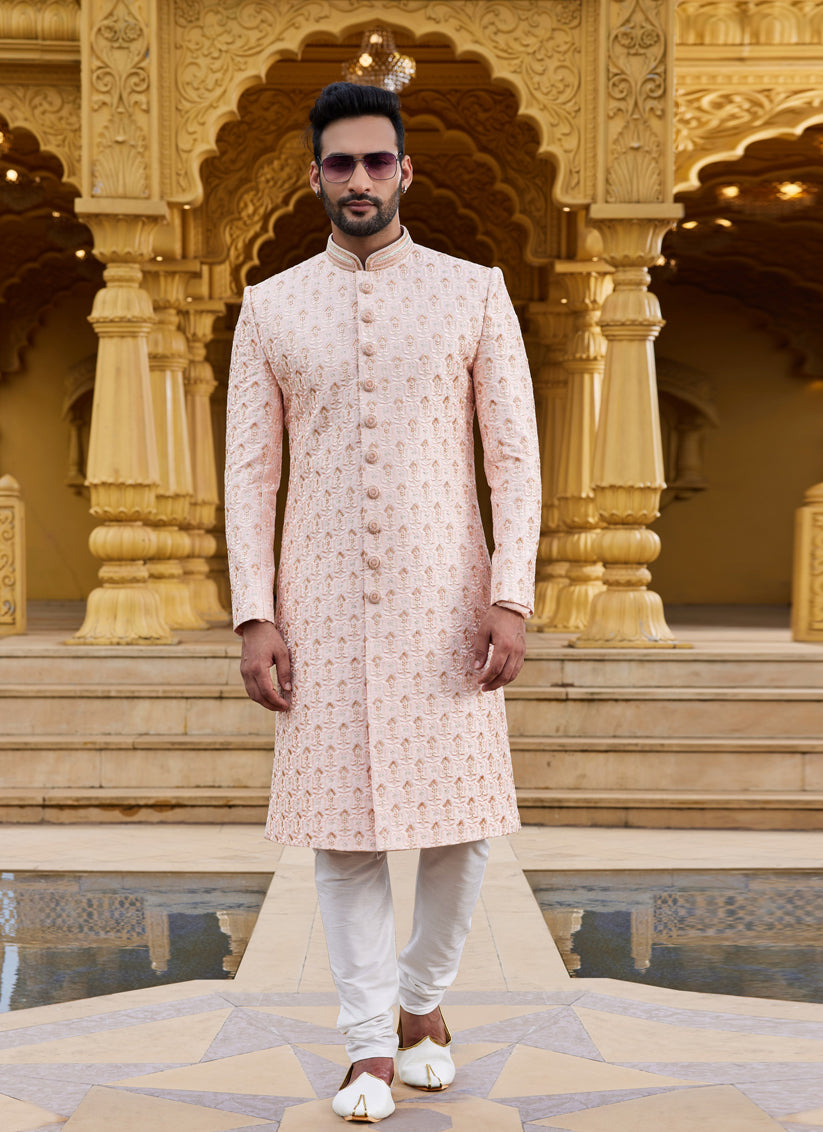 Peach Wedding Wear Sherwani