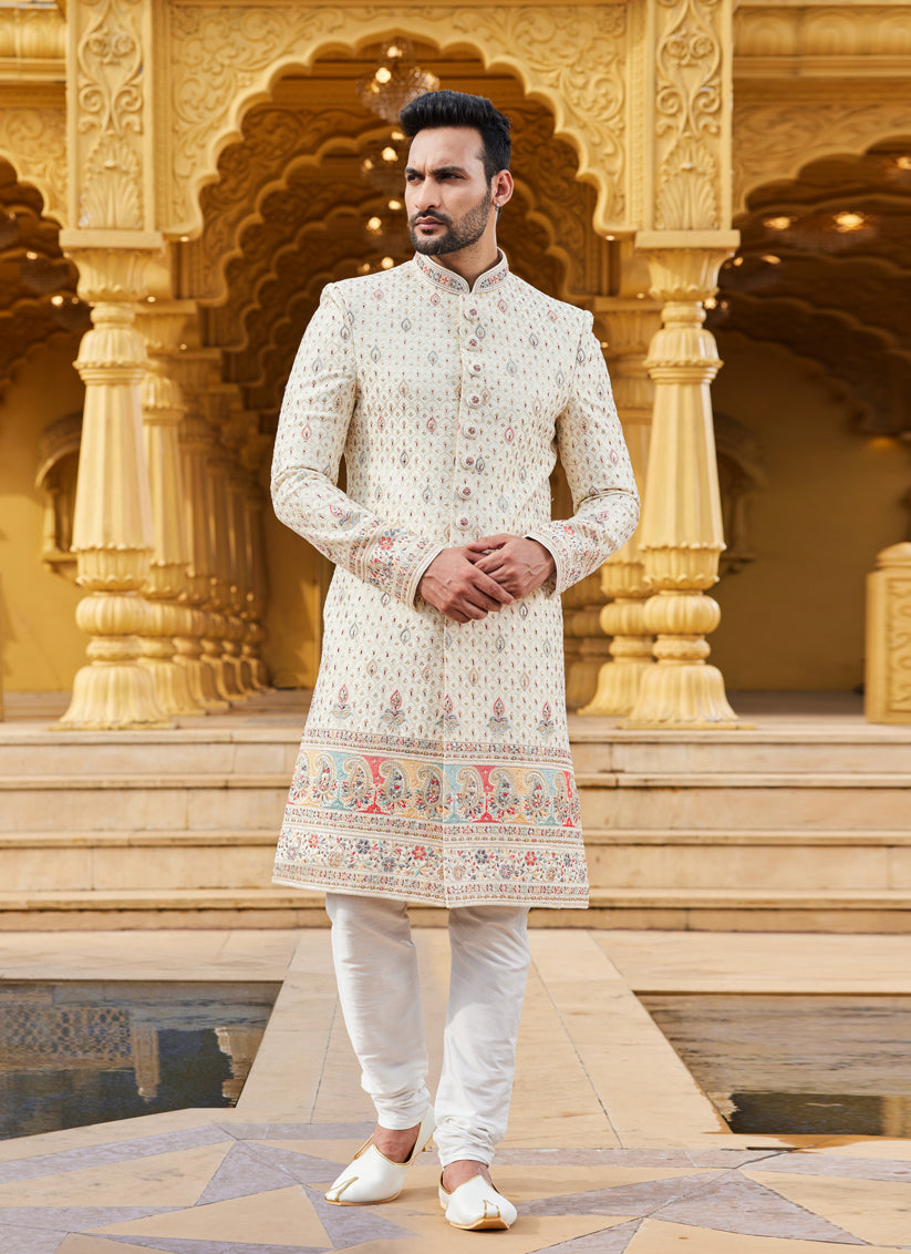 Cream Wedding Wear Sherwani