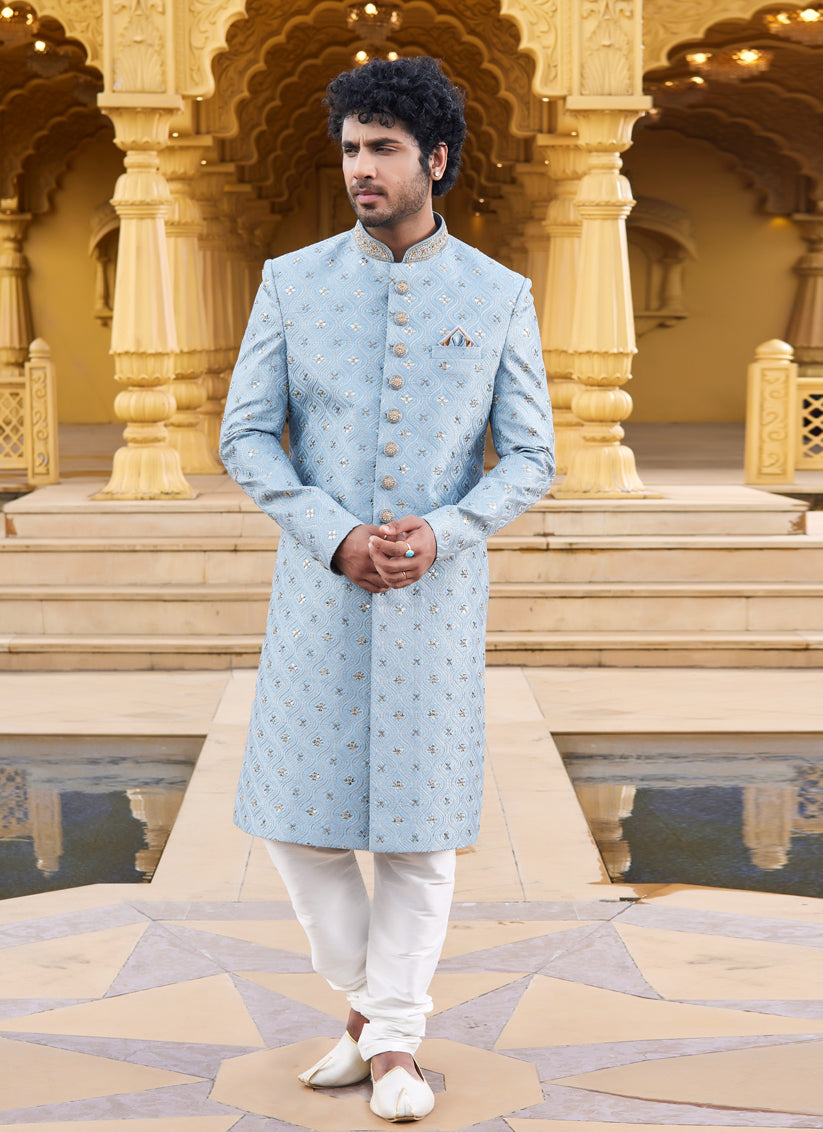 Sky Blue Wedding Wear Sherwani