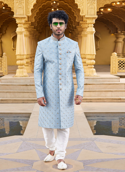 Sky Blue Wedding Wear Sherwani