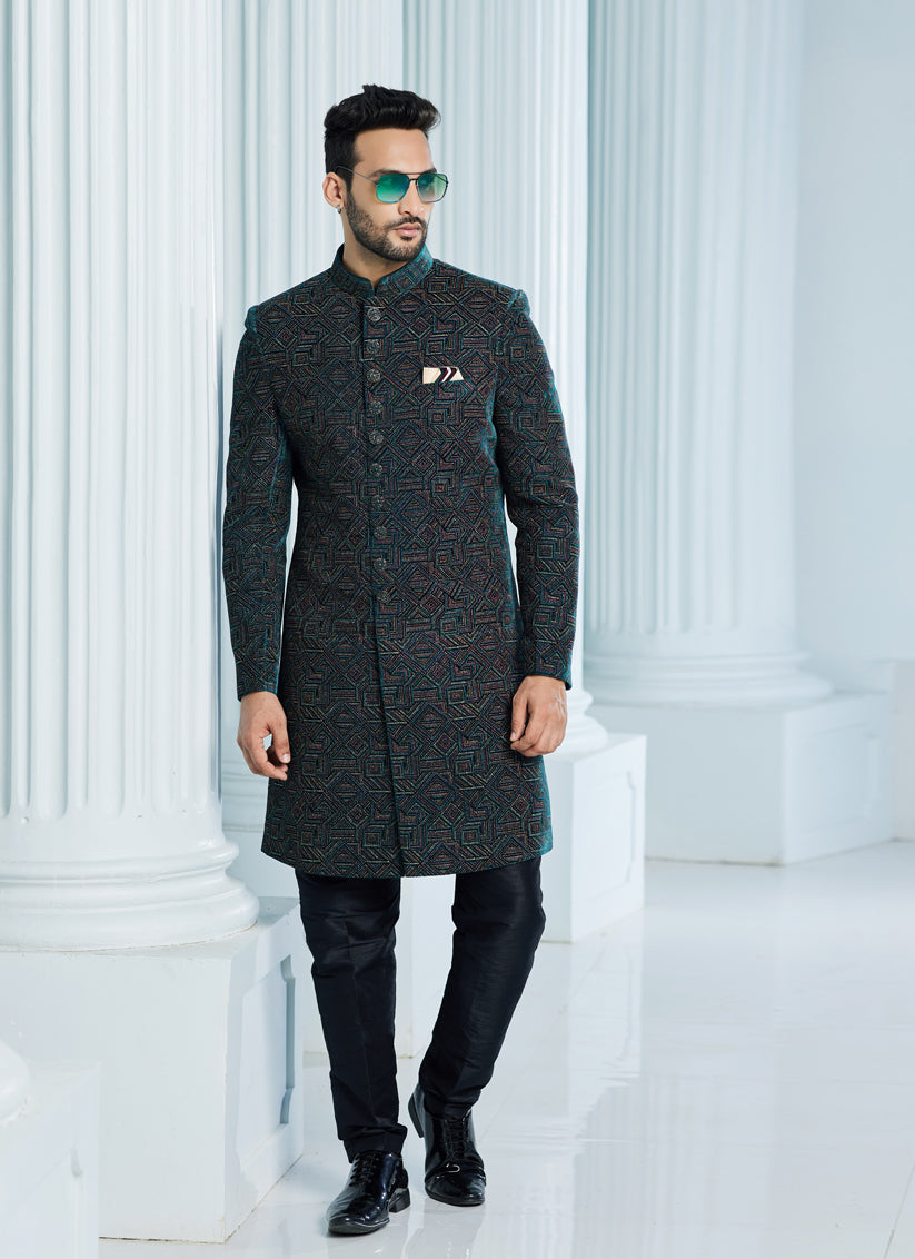 Teal Green Velvet Computer Embroidered Indo Western Outfit