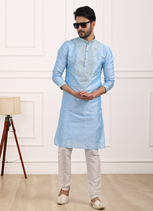 Sky Blue Banarasi Silk Thread Work Kurta Set