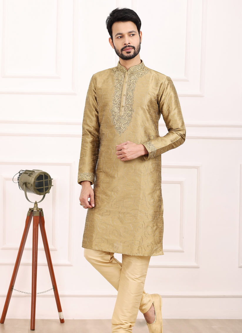 Beige Banarasi Silk Thread Work Kurta Set