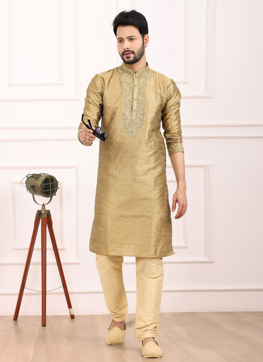 Beige Banarasi Silk Thread Work Kurta Set