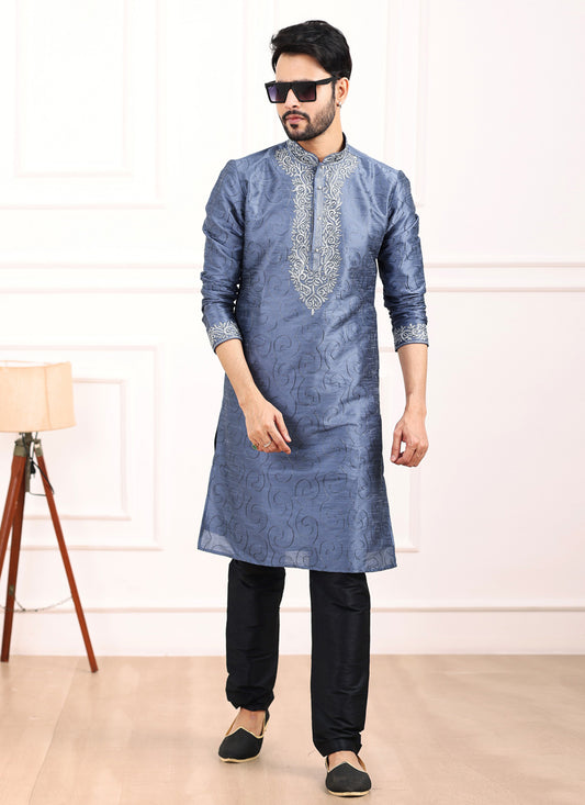 Stone Blue Banarasi Silk Thread Work Kurta Set