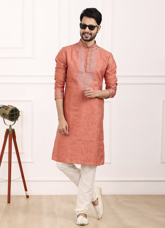 Carrot Red Banarasi Silk Thread Work Kurta Set