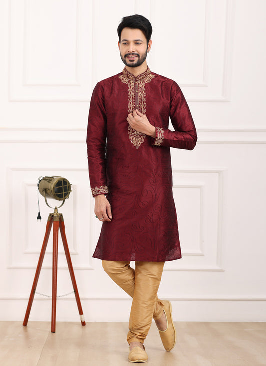 Wine Banarasi Silk Thread Work Kurta Set