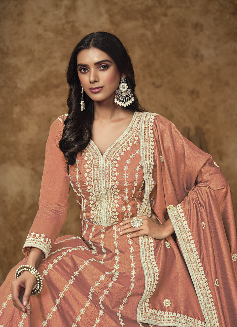Salmon Orange Dola Silk Embroidered Gown with Dupatta