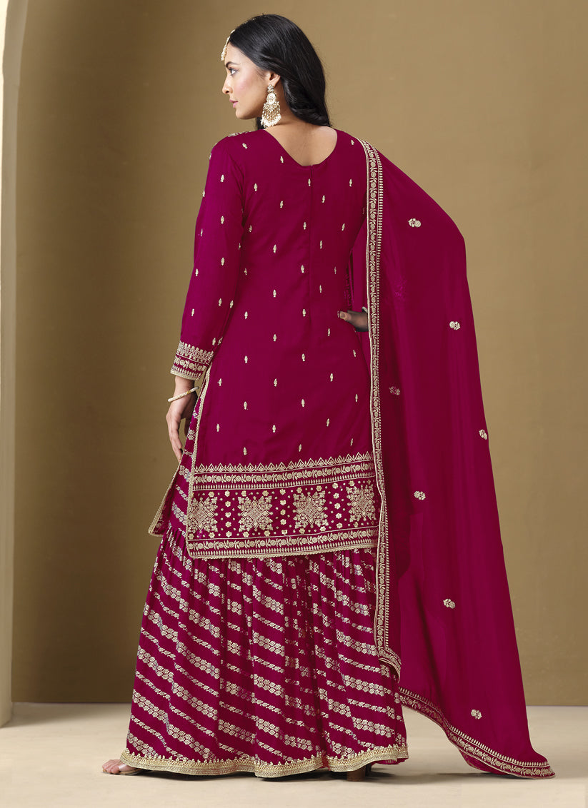 Magenta Art Silk Readymade Embroidered Sarara Kameez
