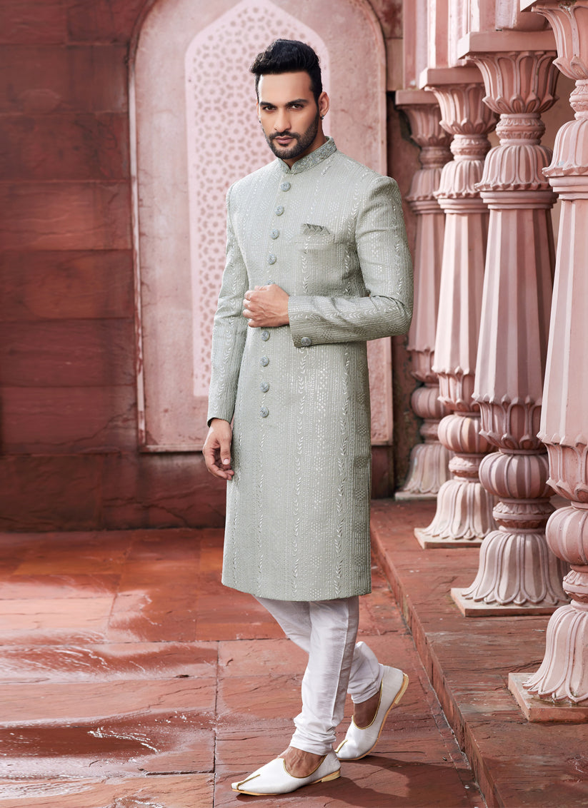 Grey Art Silk Designer Sherwani