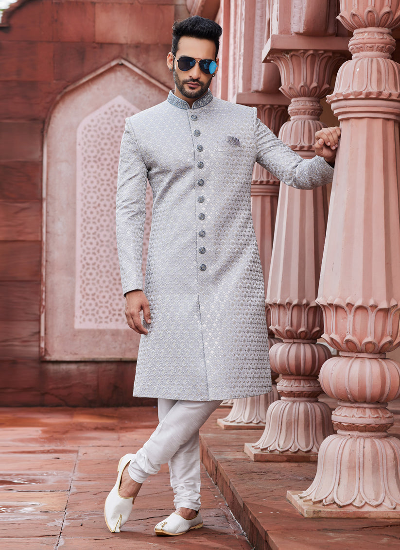 Grey Art Silk Designer Sherwani