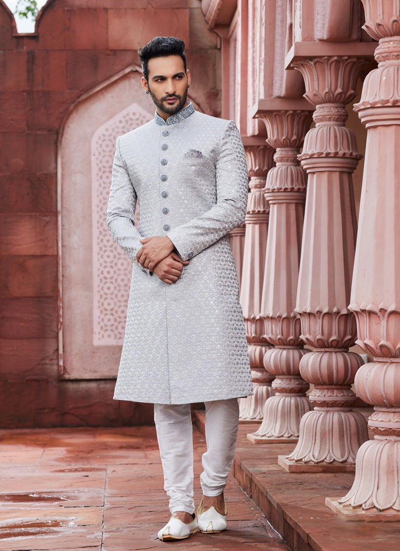 Grey Art Silk Designer Sherwani