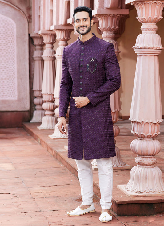 Purple Art Silk Designer Sherwani