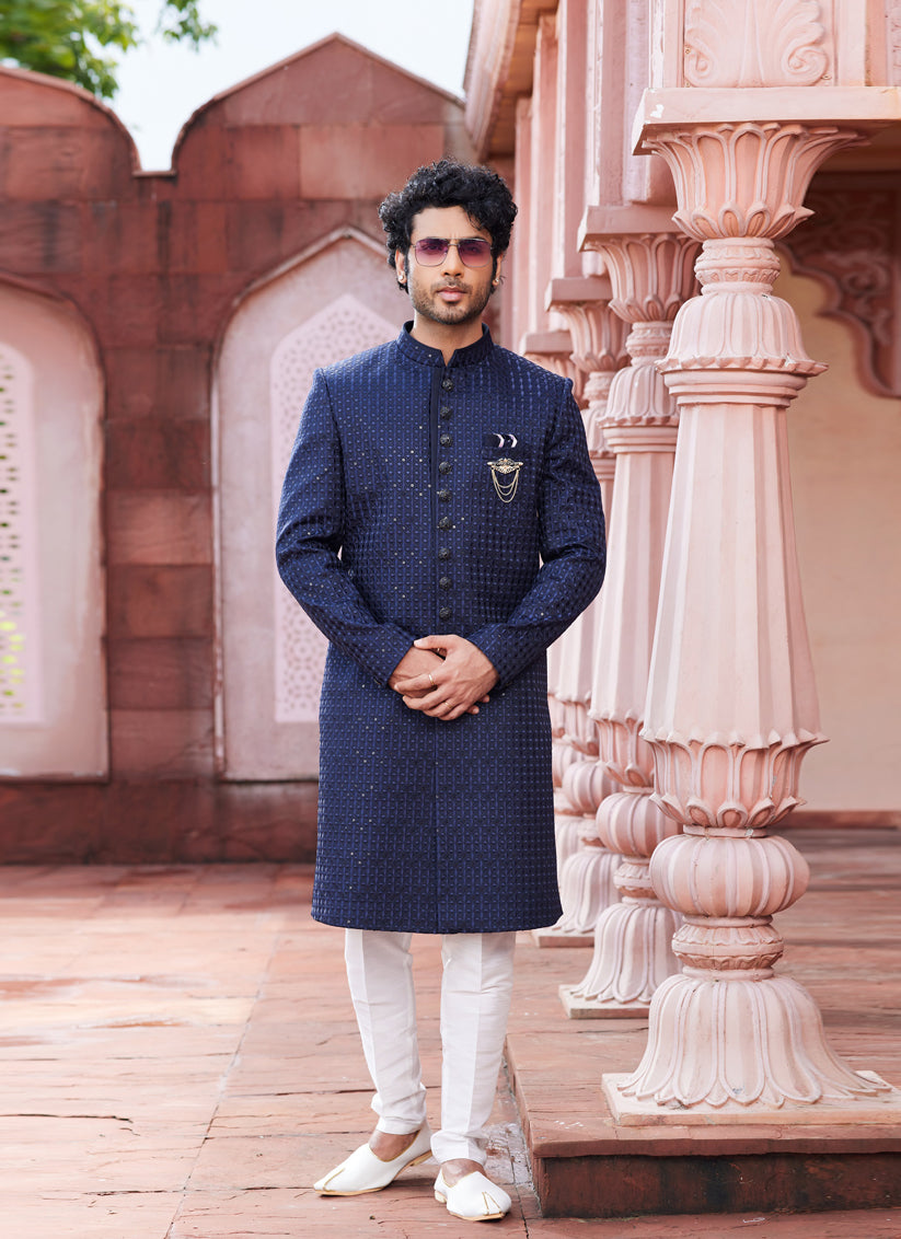 Navy Blue Art Silk Designer Sherwani