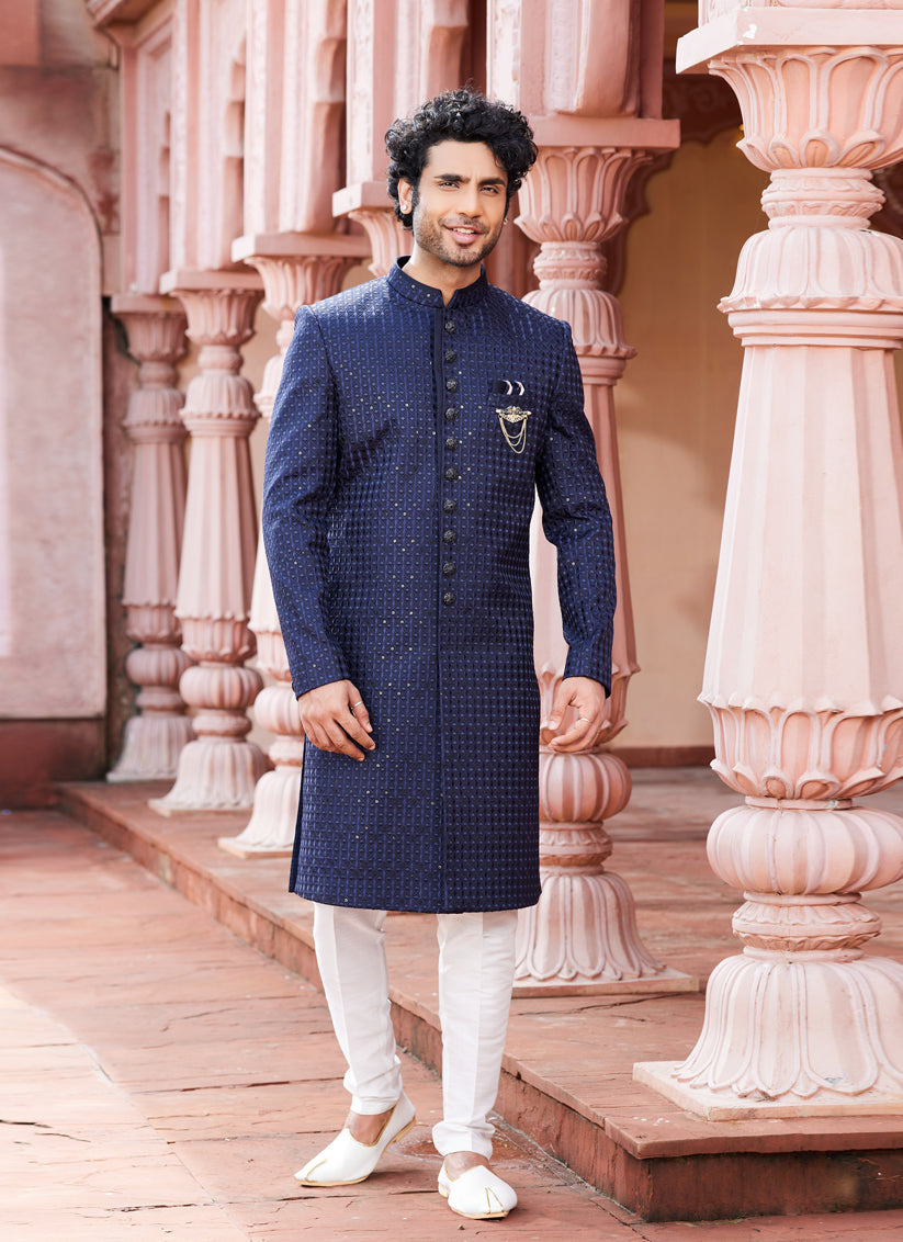 Navy Blue Art Silk Designer Sherwani