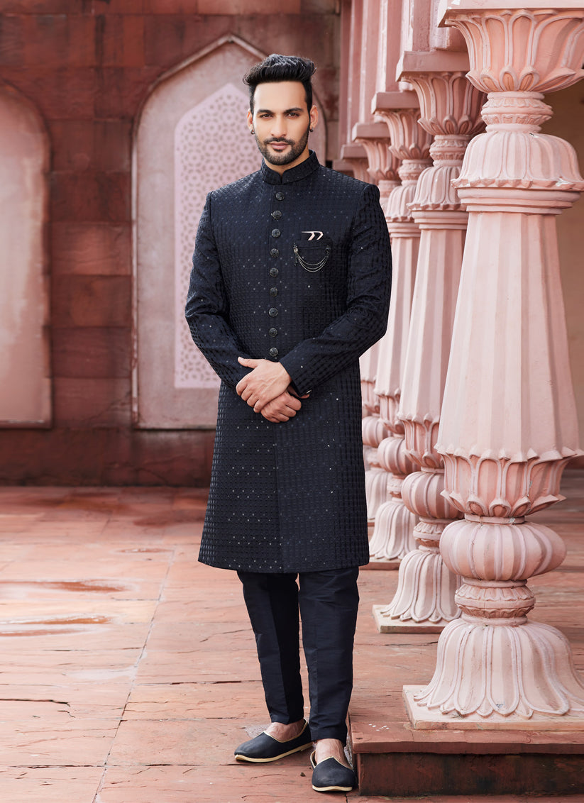 Black Art Silk Designer Sherwani