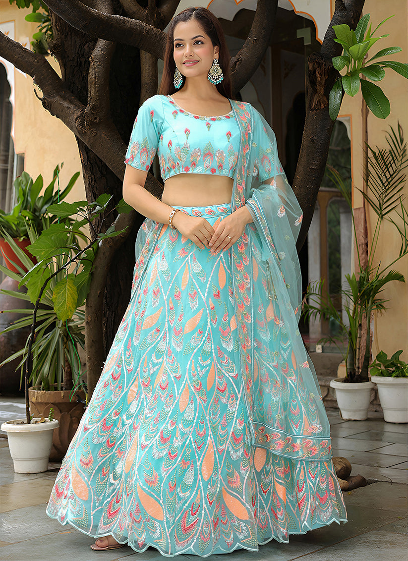 Sky Blue Heavy Lehenga Choli Set for Festival