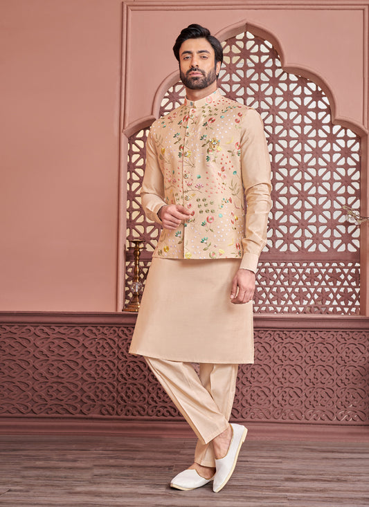 Peach Banarasi Silk Mens Kurta Pajama With Jacket