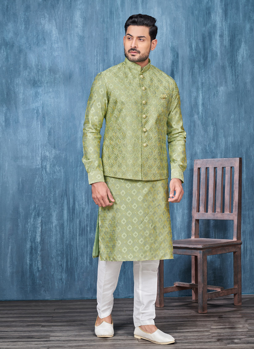 Pista Green Silk Mens Kurta Pajama With Jacket