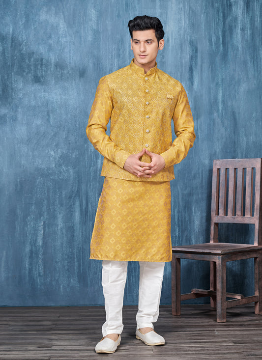 Mustard Silk Mens Kurta Pajama With Jacket