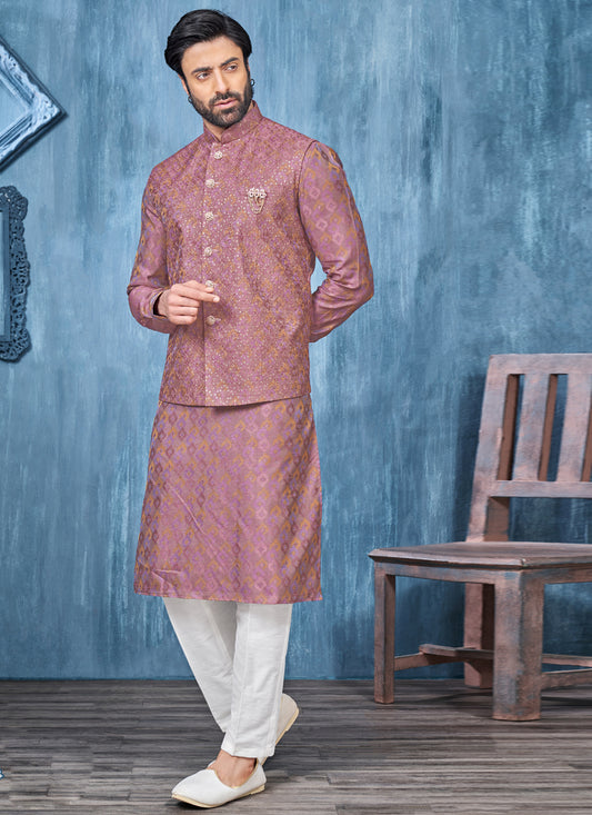 Pink Silk Mens Kurta Pajama With Jacket