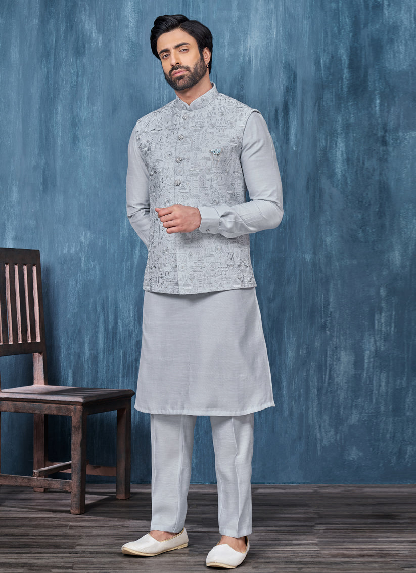 Grey Banarasi Silk Mens Kurta Pajama With Jacket