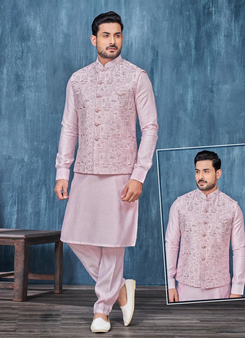 Lavender Banarasi Silk Mens Kurta Pajama With Jacket