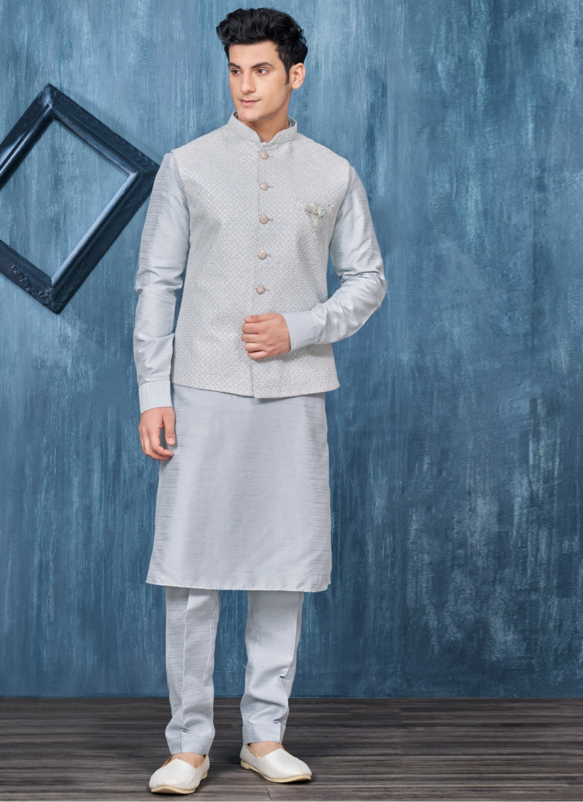 Grey Banarasi Silk Mens Kurta Pajama With Jacket